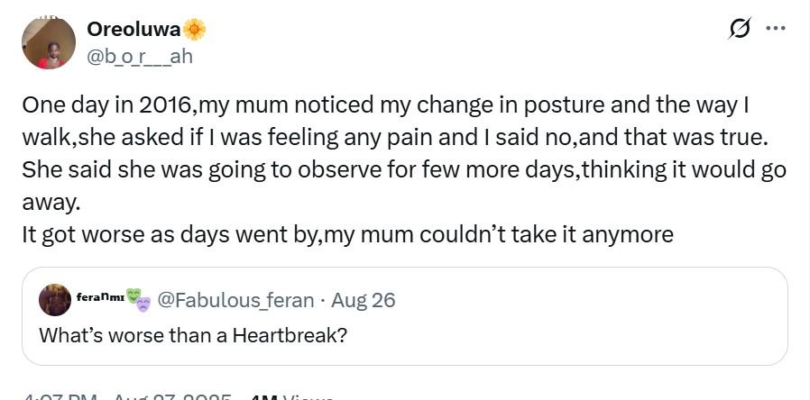 Whats worse than heartbreak?  Lady shares painful journey of living with hip condition