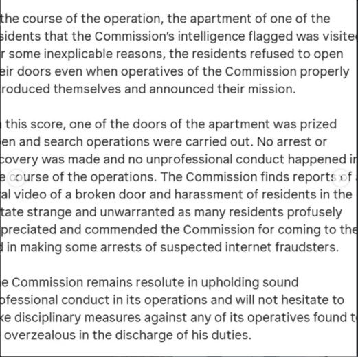 EFCC reacts after lady showed damages done to her apartment during 3 a.m. raid in Port Harcourt