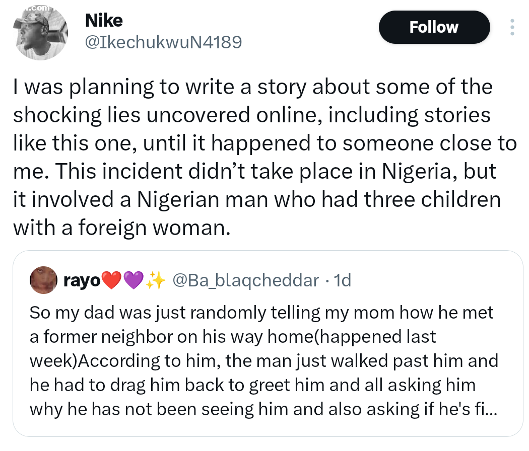 X user shares chilling story of man who returned to Nigeria with family only for them to be told he died 10 years ago