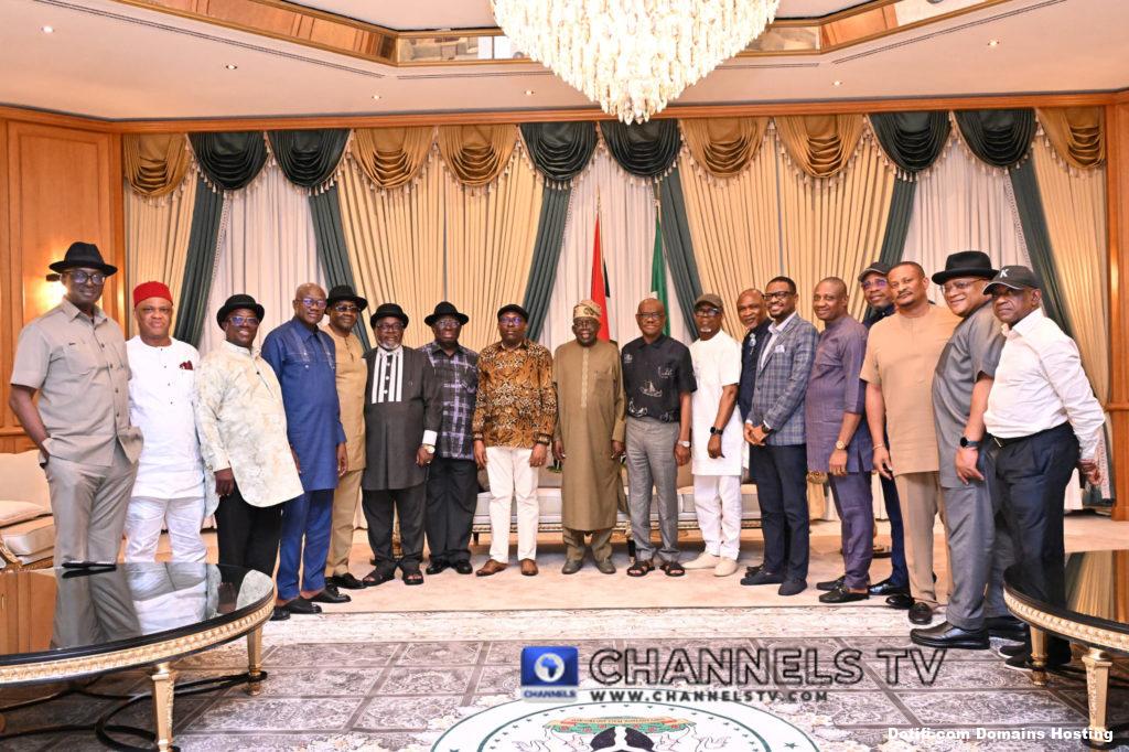 Caption for the general photo: President Tinubu (centre), flanked by Governor Fubara (left) and FCT Minister Wike pose with Rivers Assembly lawmakers at the Presidential Villa in Abuja on June 26, 2025.