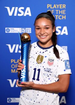 AUCKLAND, NEW ZEALAND - JULY 22: Sophia Smith of USA poses for a photo with her VISA Player of the Match award during the FIFA Women's World Cup Australia & New Zealand 2023 Group E match between USA and Vietnam at Eden Park on July 22, 2023 in Auckland / Tāmaki Makaurau, New Zealand. (Photo by Fiona Goodall - FIFA/FIFA via Getty Images)