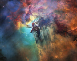 To celebrate its 28th anniversary in space the NASA/ESA Hubble Space Telescope took this amazing and colourful image of the Lagoon Nebula. The whole nebula, about 4000 light-years away, is an incredible 55 light-years wide and 20 light-years tall. This image shows only a small part of this turbulent star-formation region, about four light-years across. This stunning nebula was first catalogued in 1654 by the Italian astronomer Giovanni Battista Hodierna, who sought to record nebulous objects in the night sky so they would not be mistaken for comets. Since Hodierna’s observations, the Lagoon Nebula has been photographed and analysed by many telescopes and astronomers all over the world. The observations were taken by Hubble’s Wide Field Camera 3 between 12 February and 18 February 2018.